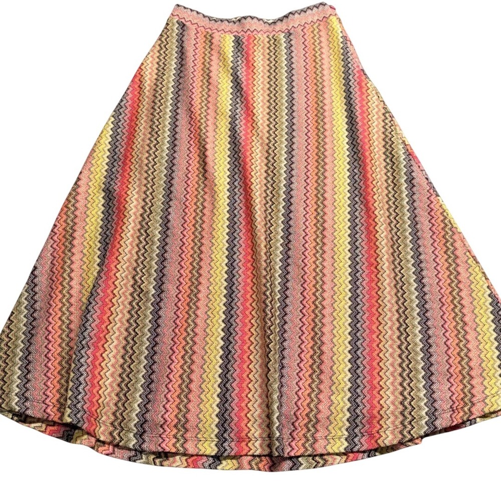 Maeve Anthropologie Chevron Zigzag Knit‎ Midi Skirt Pink Yellow Metallic Small